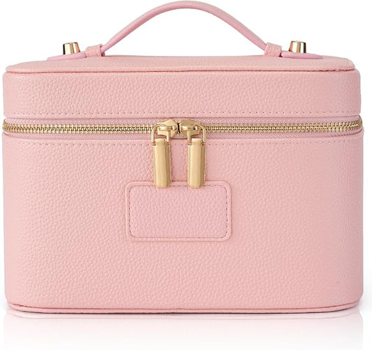 Makeup Bag Travel Toiletry Leather Cosmetic Case, Waterproof Makeup Organizer with Brush Holder, Wipe Clean Removable Divider Vanity Train Bag for Women, Pink by Unknown