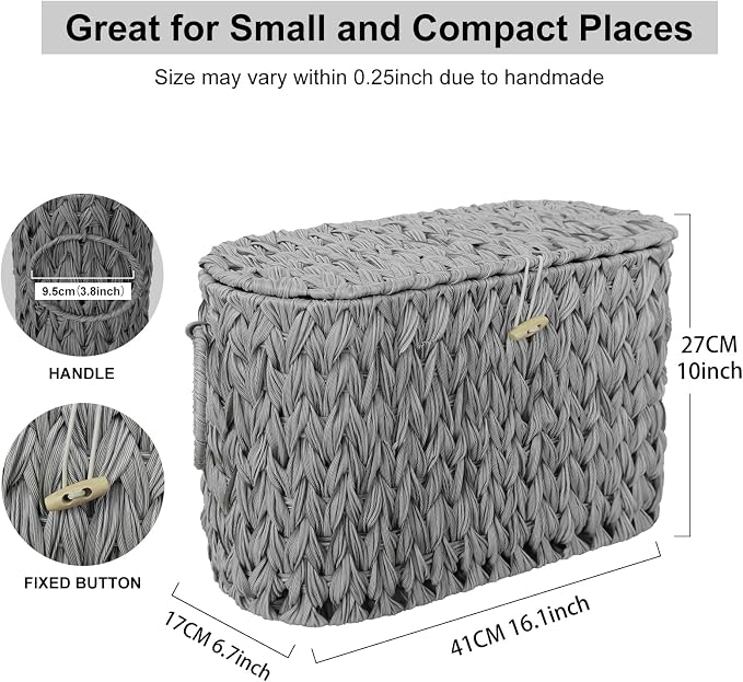 Coeusy Toilet Paper Storage Basket with Lid,Wicker Toilet Paper Holder Stand,Narrow Decorative Woven Bathroom Basket Organizer,Free Standing Grey - Image 3