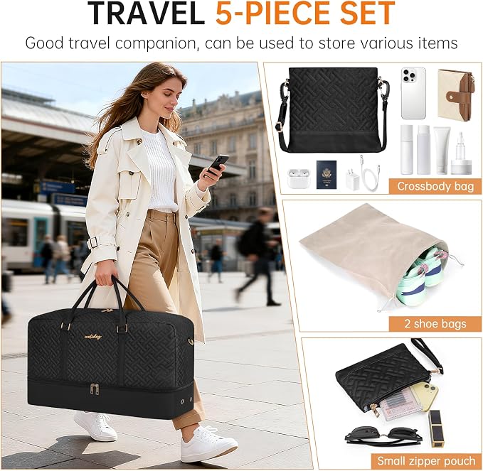 Weekender Bag for Women, 5 Pcs Set Carry on Overnight Bag, 21" Travel Duffel Bag with Waterproof Shoe Compartment for Weekend Travel Business Trip - Image 6