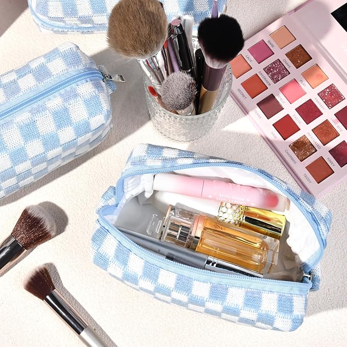 SOIDRAM 2 Pack Checkered Makeup Bag for Women, Cute Makeup Pouch Small Makeup Bag Travel Cosmetic Organizer for Toiletries, Brushes & Skincare - Image 2