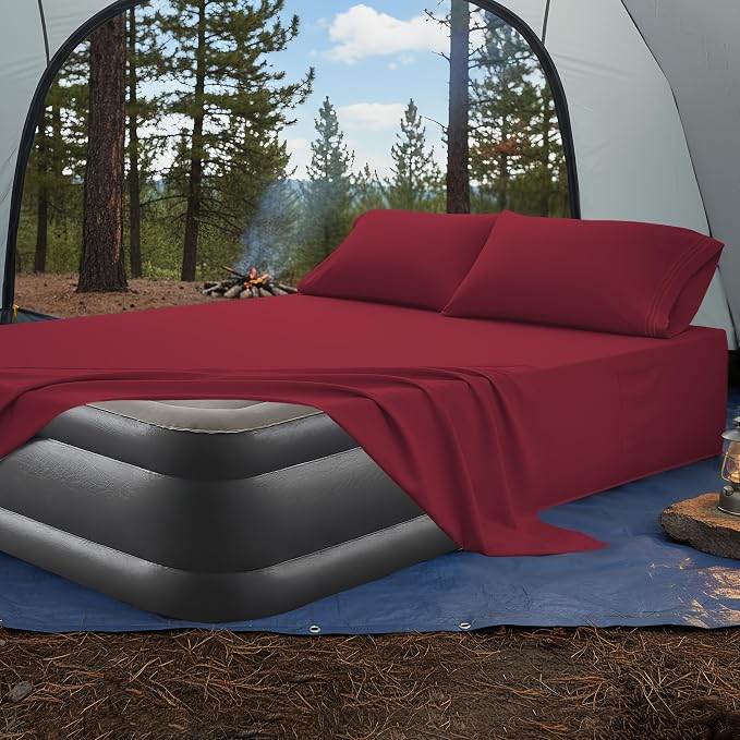 Mocassi 4-Piece Extra Deep Pocket 16-24 Inch Air Mattress Bed Sheet Set- 4PC Sheet Set with Smart Pockets Ideal for Air Beds, RVs, Camping and Guest Rooms Premium Hotel Quality, Twin XL, Burgundy - Image 4