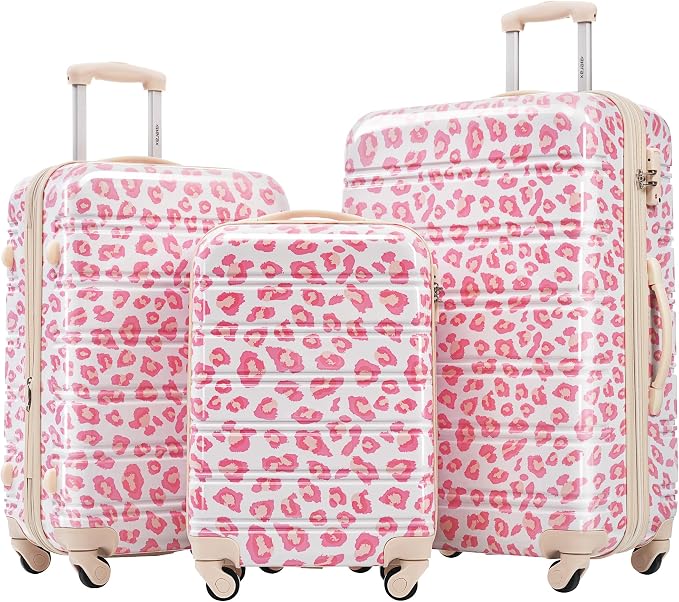 Merax Luggage Sets 3 Piece,Hardside Expandable Suitcase Set 20+24+28 IN | Lightweight Leopard Luggage with Spinner Wheels,Leopard Pink by Merax