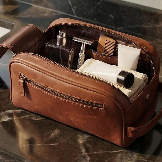 Leather Toiletry Travel Bag with Waterproof Lining, Large Capacity Vintage Dopp Kit, Shaving & Cosmetic Organizer for Men & Women - Tan - Image 8