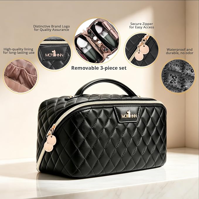 Travel Makeup Bags Cosmetic Organizer: 3Pcs Set Puffy Make up Bag for Women | Black Premium Quilted ELEGANCE Design | Large Capacity Leather Toiletry Bags | Wide Open Compact Case for Travel Essentials - Image 3