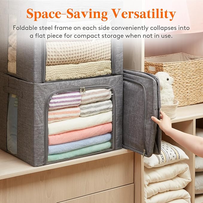 Lifewit Clothes Storage Bins with Metal Frame, Stackable Storage Box, Foldable Clothing Storage Bins with Lids, 100L Storage Bags Fabric Box Organizer with Clear Window＆ Zippers＆ Sturdy Handles 4 Pack - Image 6