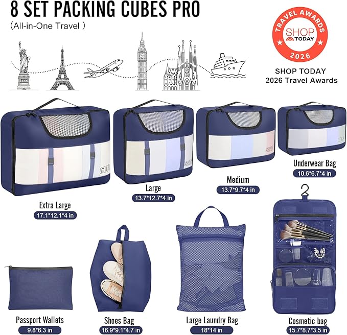 Veken 8 Set Packing Cubes for Travel Essentials,Anti-Wrinkle Buckled Suitcase Organizer for Shoe & Toiletry Bag,Carry On Luggage Bag with 99+ Count Mesh Holes for Airplane & College Dorm Accessories - Image 2
