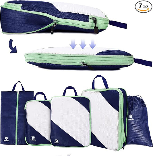 AiQInu Packing Cubes Compression, Pack of 5 Packing Bags, Compression Suitcase Organiser Set with Laundry Bag and Shoe Bag, Ultralight, Expandable, Travel Pack Organiser for Hand Luggage (Dark Blue) by AiQInu