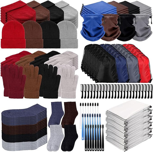 Coume 192 Pcs Christmas Homeless Care Package Supplies Winter Beanies Gloves Neck Warmer Sock Emergency Thermal Blankets Drawstring Bags Toothbrushes and Combs for Men Women Outdoors Winter Homeless