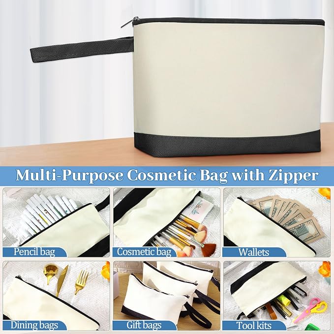 Silkfly 15 Pcs Cotton Canvas Makeup Bags Cosmetic Zipper Bags 10.2 x 5.5 x 2'' Blank DIY Pouch Bulk Pencil Case with Bottom Travel Toiletry Pouch for Women Craft Decor Gift (Classic Color) - Image 4