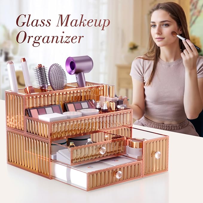 Youdepot Makeup Organizer Golden- Tempered Glass Vanity Organizer for Cosmetics, Skincare, Hair Tools, Brushes, Perfume - Multipurpose Bathroom Counter Skincare Organizer - Image 3