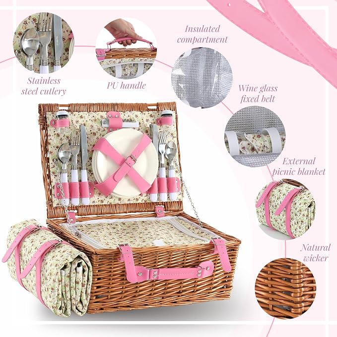 Picnic Basket Set for 4 with Waterproof Blanket Mat Insulation Bag Wicker Pink Floral Classic Fresh Gift for Christmas Thanksgiving Wedding Birthday Camp Outdoor Beach Travel - Image 4