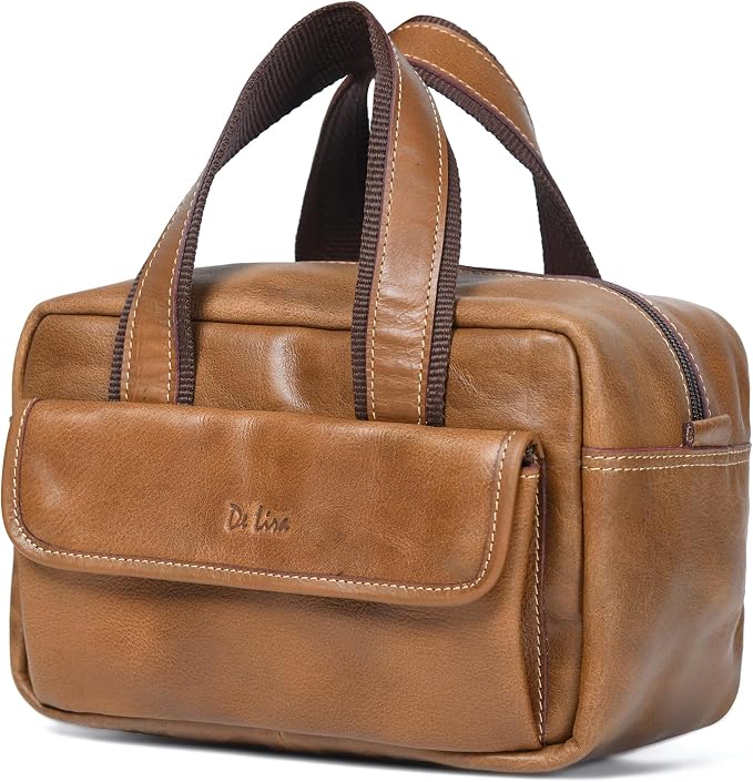 De Lira Extra Large Full-grain Leather Toiletry Bag, Shaving Kit & Cosmetics Case, 10x6x5.5 in, Travel Organizer for Men & Women, Light Brown by DeLira