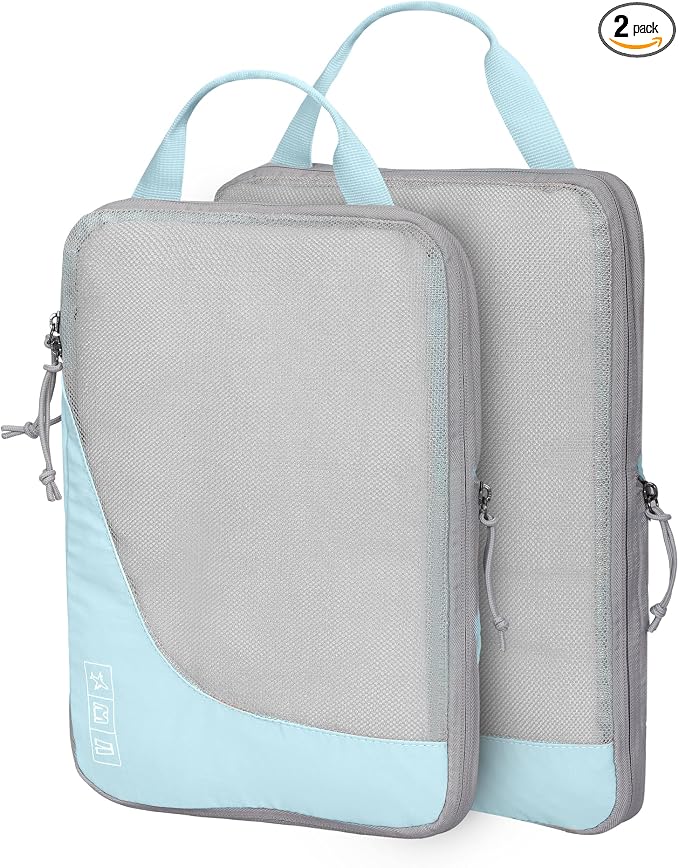 Hynes Eagle 6 Set/ 4 Set/ 2 Set Compression Packing Cubes Travel Essentials Lightweight Nylon Luggage Suitcase Organizer Bag Light Blue 2PCS by HynesEagle