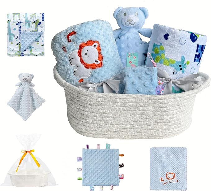 CREVENT Baby Welcome Gift Set Storage Basket with 2 Blankets+ 1 Security Blanket + 1 Taggie + 1 Gift Bag with Ribbon (Blue) by CREVENT