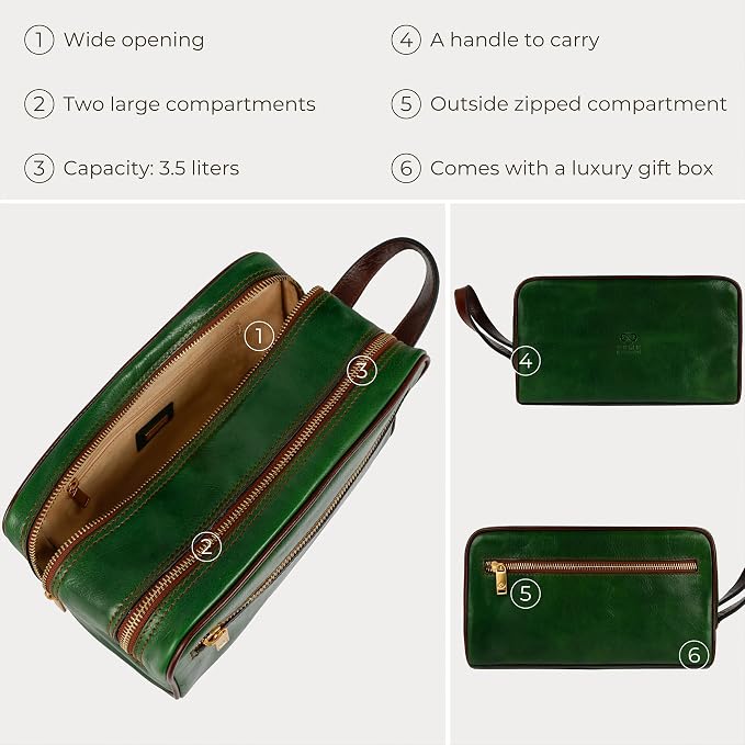 Time Resistance Leather Cosmetic Bag - Italian Toiletry Dopp Kit (Green) - Image 6