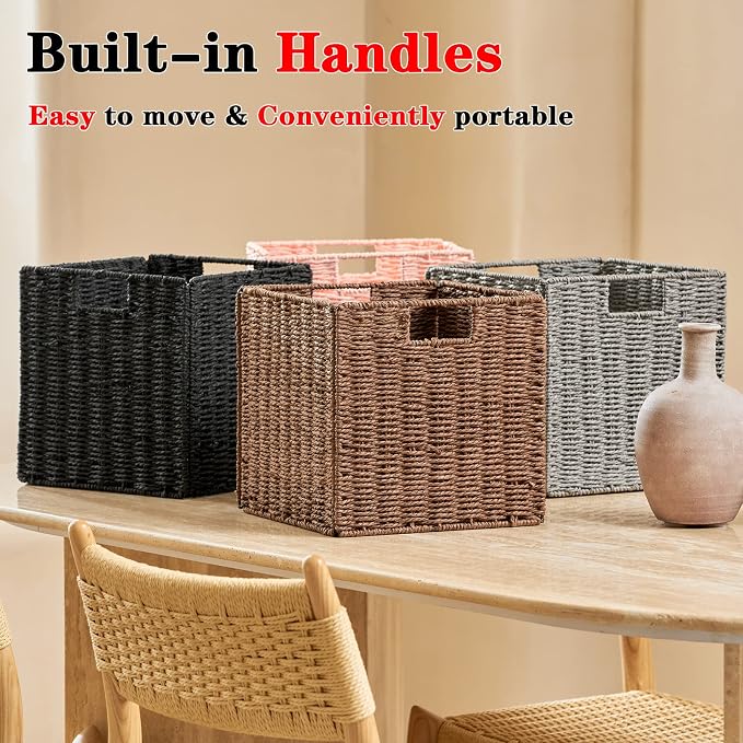 Vagusicc Wicker Basket, Set of 2 Hand-Woven Paper Rope Storage Baskets for Organizing, Foldable Cubby Storage Bins, 11 Inch Large Wicker Storage Basket, Square Baskets Cube Storage Organizer, Brown - Image 6