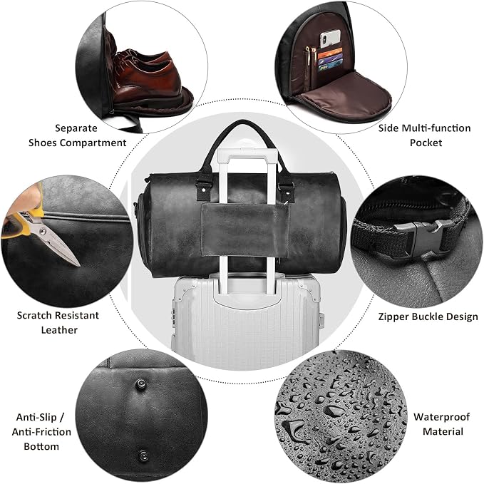 Carry on Garment Bags for Travel Leather Garment Duffle Bag Convertible Mens Suit Travel Bags with Shoe Compartment,Waterproof,Perfect for Business Travel/Husband Gifts (Black) - Image 5
