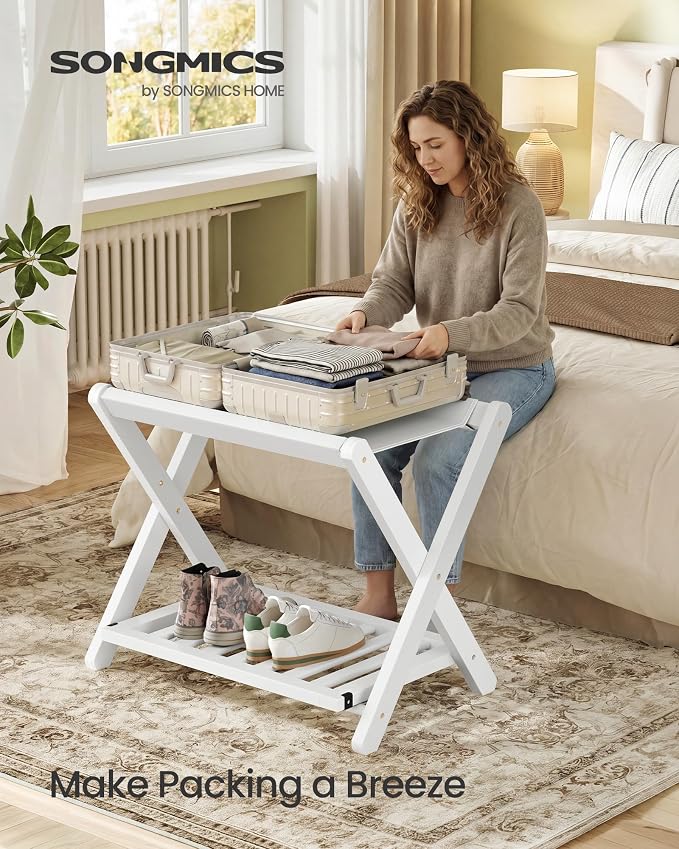 SONGMICS Bamboo Luggage Rack, Foldable Suitcase Stand, Luggage Holder with Storage Shelf, Synthetic Leather, Fully Assembled, Wipe-Clean, for Guest Room, Hotel, Bedroom, Cloud White URLR030WZ01 - Image 3