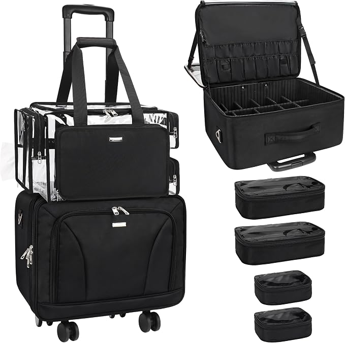 MONSTINA Rolling Makeup Train Caseon Wheels, Clear Makeup Bag Extra Large Makeup Artist Kit Set Cosmetology Case Professional Cosmetics Hairstylist Cosmetic Bag with 4 Bags (Black+Clear Makeup bag) by MONSTINA
