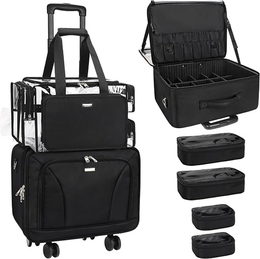 MONSTINA Rolling Makeup Train Caseon Wheels, Clear Makeup Bag Extra Large Makeup Artist Kit Set Cosmetology Case Professional Cosmetics Hairstylist Cosmetic Bag with 4 Bags (Black+Clear Makeup bag) by MONSTINA