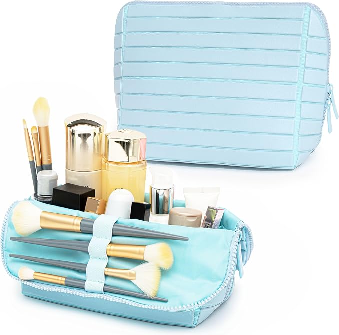 Minoisome Travel Makeup Bag,PU leather toiletry bag,make up organizer case for women,Large Capacity Cosmetic Bag,Wide-open Pouch Purse，Toiletries Accessories，Fold-Down Design and Adjustable Dividers. by Unknown