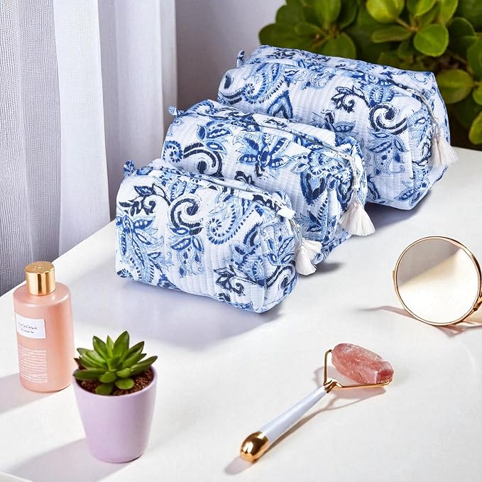 Quilted Floral Block Print Makeup Bag Set of 3 – Cotton Travel Toiletry and Makeup Organizer, Cosmetic Pouch, Toiletry Bag for Women, Cute Boho Coquette Make Up Bags for Women (Small, Medium, Large) - Image 6