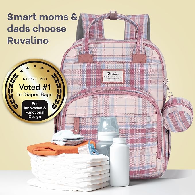 RUVALINO Diaper Bag Backpack, Multifunction Travel Pack Maternity Baby Changing Bags, Large Capacity, Waterproof, Pink Plaid - Image 7
