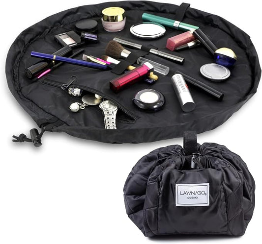 Lay-n-Go Cosmo Layflat Drawstring Cosmetic & Makeup Bag Organizer - Portable Drawstring Bag w/Zipper Pocket, Makeup Loops & More - Durable, Machine Washable Toiletry Bag for Travel (20", Black) by Lay-n-Go