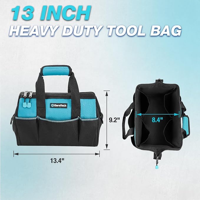 DURATECH 13" Small Tool Bag with 9 Pockets, Wide Open Tool Carrier | Thickened Fabric Construction, Multiple Storage Pockets, Tool Organization, Mechanics Electricians Plumbers HVAC Use - Image 2
