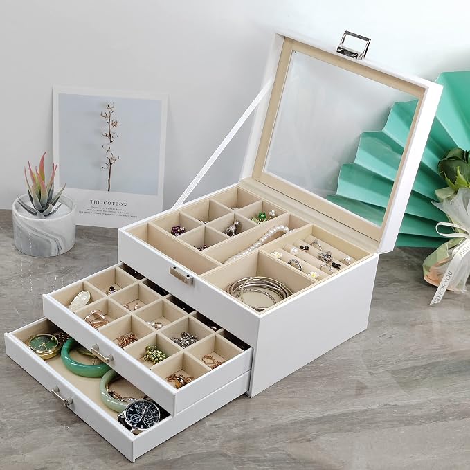 BOOVO Clear Lid Jewelry Box,3 Layers Jewelry Organizer Large Jewelry Storage Box with 2 Drawers,Jewelry Holder Organzier of Rings Earrings Necklace Bracelets for Women (White, 3 Layer) - Image 6