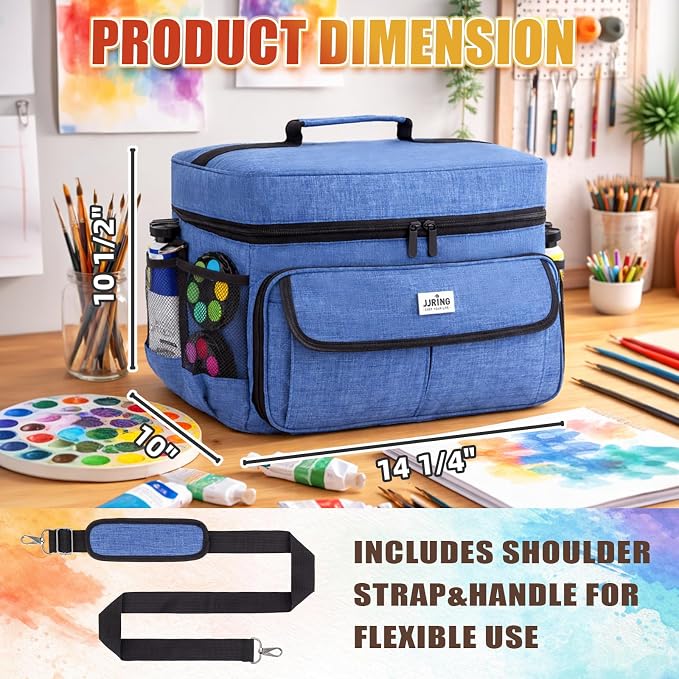 JJRING Acrylic Paint Organizer Bag With Adjustable Dividers, Blue | Versatile Art Supply Storage Case With 12-Slot Brush Holder & Clear Zipper Pocket For Multi-Size Bottles, Travel Tote - Image 2