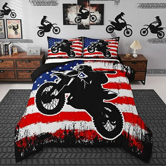 Dirt Bike Comforter Set Full Motocross Comforter Retro American Flag Bedding Set for Kids Boys Teens Men Grunge Room Decor,Extreme Sports Tie Dye Bed Set Motor Biker Motorcycle Quilt Duvet Set 3 Pcs by Erosebridal
