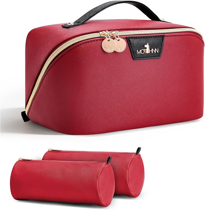 Travel Makeup Bag for Women: 3-in-1 Large Capacity Cosmetics Organizer with 2 Detachable Pouch - Vegan Leather Flat Open Toiletry Bag - Portable Travel Essentials for Full-Sized Bottles(Red) by Unknown