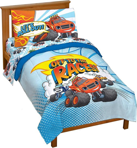 Jay Franco Blaze and the Monster Machines Off to The Races 4 Piece Toddler Size Bed Set – Super Soft Microfiber Bed Set Includes Size Comforter & Sheet Set (Official Blaze Product) by JayFranco