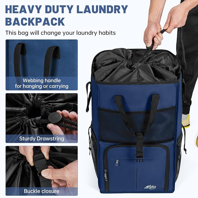 170L Laundry Backpack Bag with 3 Sizes Mesh Wash Bags Empty, Extra Large 2 in 1 Laundry Hamper Basket with Shoulder Straps, Freestanding Laundry Bag for College Dorm, Laundromat, Apartment (Blue) - Image 6
