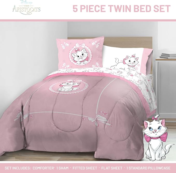 Disney Aristocats Marie Twin Comforter Set 5 Piece Kids Bedding, Pink | Bed in a Bag, Comforter Sheets Sham Pillowcase, Official Brand, Soft Microfiber, Machine Washable, Easy Care, Girls Gift - Image 2