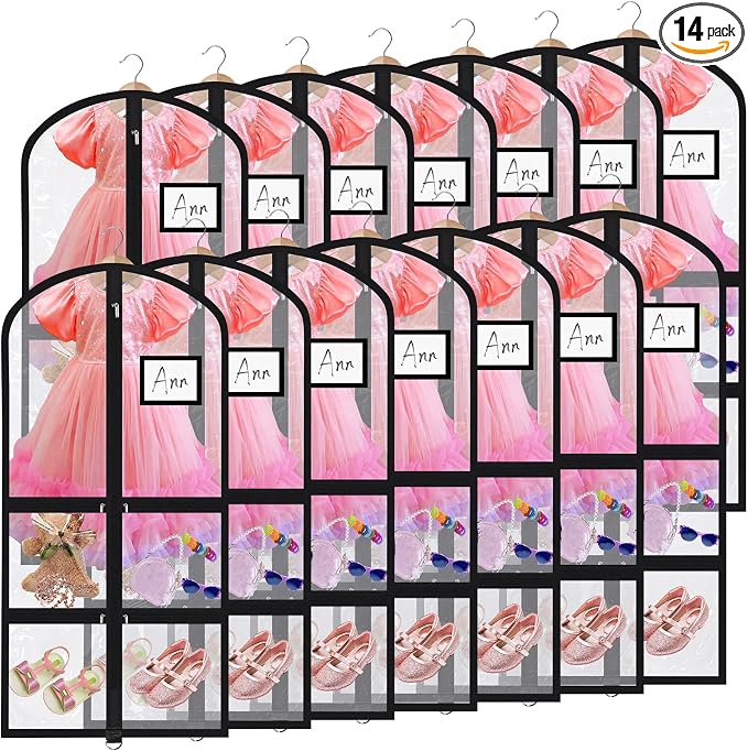 Geelin 14 Pcs Garment Bags for Dance Costumes PVC Clear with Zippers 20 x 40 Inch Garment Bag with Pockets Dance Costume Organizer Carrier for Storage Cover for Adult (Fully Transparent Black) by Geelin