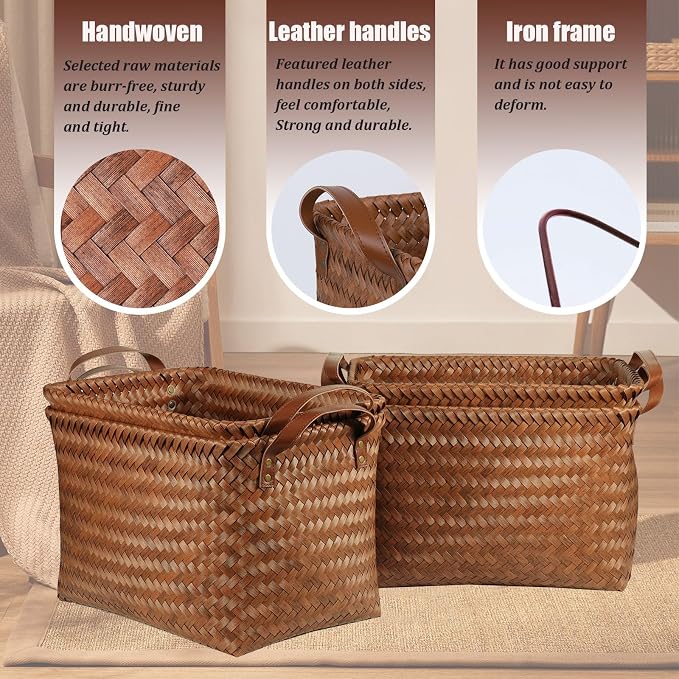 BROWNLILY Handwoven Clothes Basket Laundry Hampers Large Wicker Storage Baskets for Shelves Blankets Closet Storage Bins Car Bedroom Bathroom Organizers and Storage Bath (Pack of 4, Brown) - Image 2