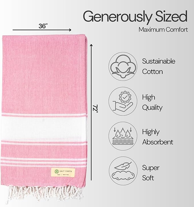 Salt Earth Cotton Turkish Beach Towel (Set of 4, 36"x72") - Soft, Quick Dry, Sand Resistant, Absorbent Towels for Bathroom, Home, Travel, Pool, Spa, Bath, Swim - Beach Towels Oversized (Pink) - Image 6