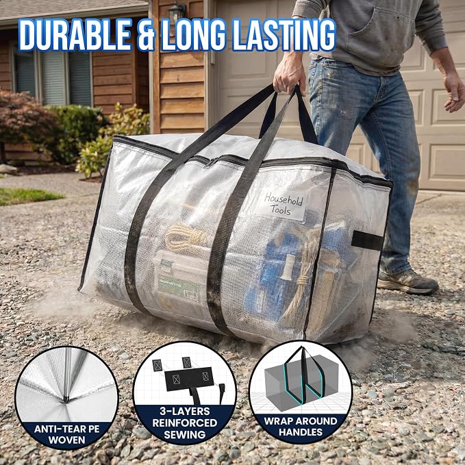 TAILI Extra Large Moving Bags, 2 Pack Clear Heavy Duty Totes For Storage with Visible Window, Wrap Around Handles, Storage Bags for Space Saving, Alternative to Moving Boxes - Image 3