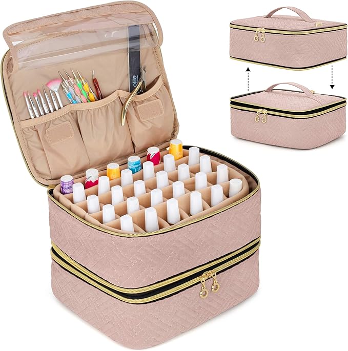 LUXJA Detachable 2 Layers Nail Polish Case Holds 60 Bottles, Pale Rose | Fits 15ml - 0.5 fl.oz Nail Polish Bottles, Tools Storage Pockets, Patented Design by Luxja