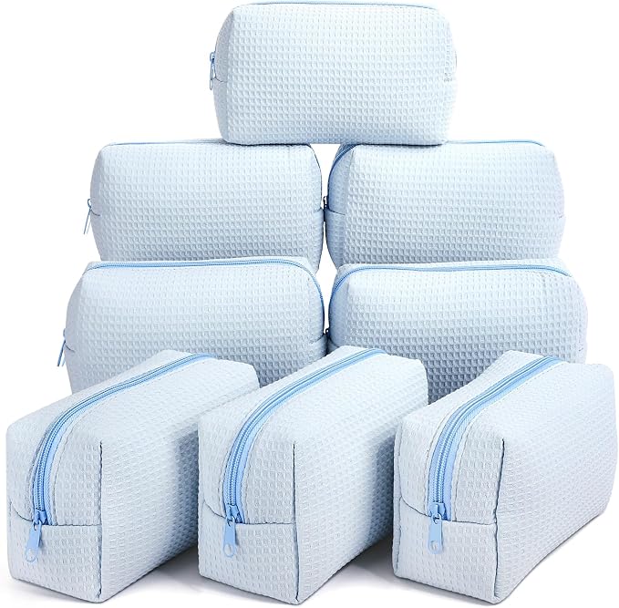 Gilprop 8 Pcs Holiday Gifts for Women Cozy Makeup Bag Portable Travel Waffle Toiletry Bag Soft Wedding Makeup Organizer Large Pouch with Zipper for Bridesmaid Friend (Light Blue) by Gilprop