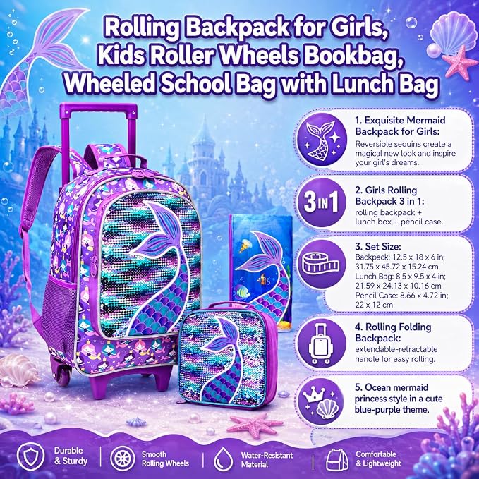 AGSDON 3PCS Rolling Backpack for Girls Boys, Kids Roller Wheels Bookbag, Wheeled School Bag with Lunch Bag - Image 7