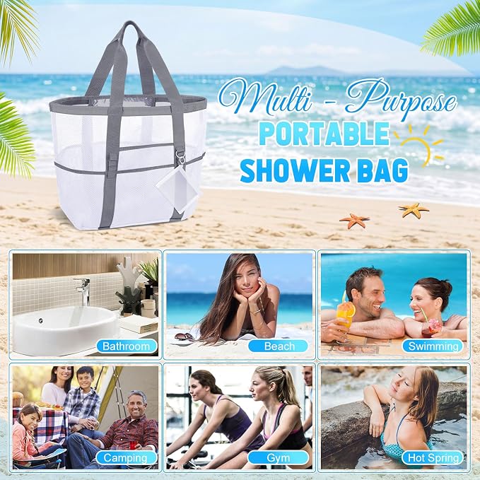 Hillban Large Mesh Beach Bag Bulk for Women Waterproof Sandproof Pool Tote Bag with 8 Pocket Small Zipper Pouch with Ring - Image 7