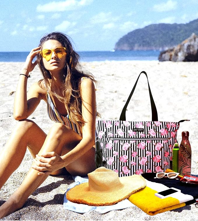 Betsey Johnson 15.6 Inch Zipper Beach Tote Bag Lightweight Large Durable Polyester with Mesh Side Pockets for Gym Work | 15.6 Inch - Image 3