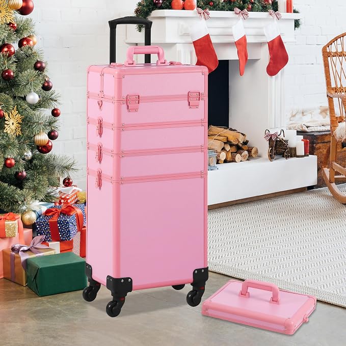 Somduy Makeup Train Case, Rolling Makeup Case with Lid, 5 in 1 Cosmetology Case on Wheels, Christmas Gift, Large Makeup Case Organizers, Profesional Cosmetic Case for Salon Barber, Pink - Image 6