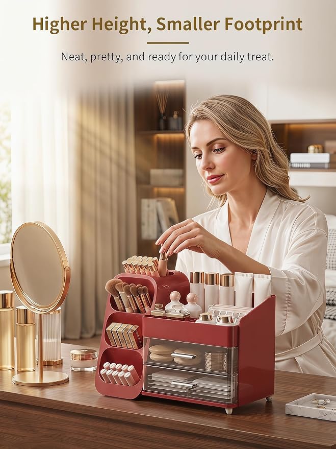 Booklov Makeup Organizer for Vanity, Large Capacity Cosmetic Display Case with Clear Acrylic Drawers, Countertop Beauty Storage Holder for Skincare, Brush Eyeshadow Lipstick, Counter Desk, Crystal Red - Image 5