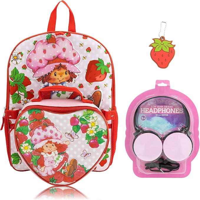 Fast Forward Strawberry Shortcake Backpack Set for Girls | 4-Piece 16" Daypack with Heart Shaped Insulated Lunch Bag, Headphones, Character Charm | Kids Backpack with Lunch Box | Ages 3+ by FASTFORWARD