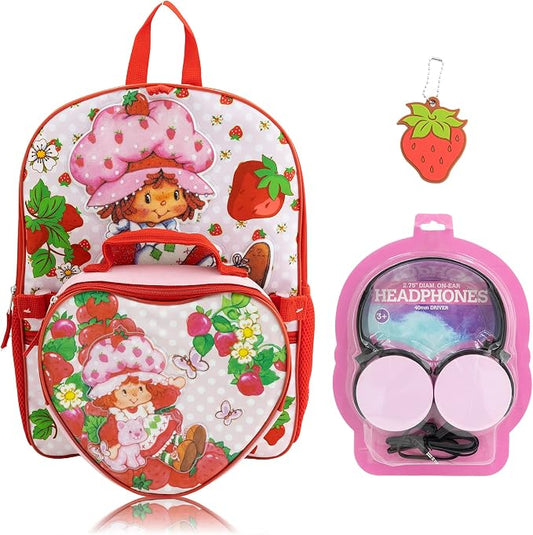 Fast Forward Strawberry Shortcake Backpack Set for Girls | 4-Piece 16" Daypack with Heart Shaped Insulated Lunch Bag, Headphones, Character Charm | Kids Backpack with Lunch Box | Ages 3+ by FASTFORWARD