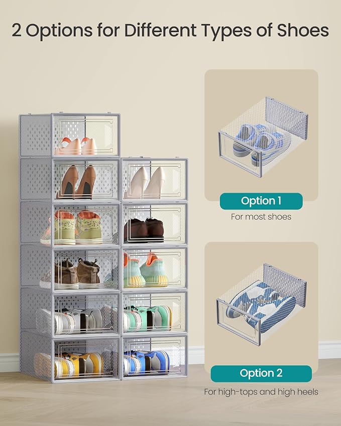 SONGMICS Shoe Boxes, Pack of 12 Shoe Storage Organizers, Stackable Clear Plastic Boxes for Closet, Sneakers, 13.1 x 9.1 x 5.6 Inches, Transparent and Gray ULSP006G12 - Image 4